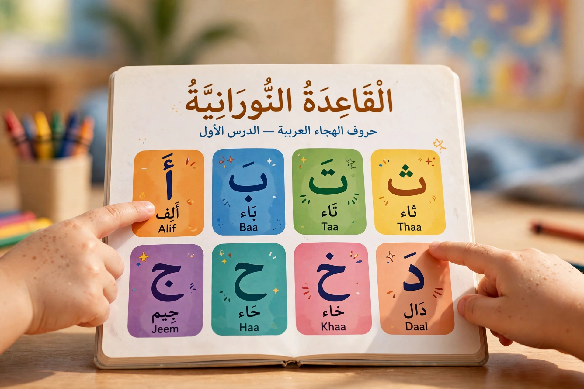 Child's hands on an Arabic alphabet Noorani Qaida learning book