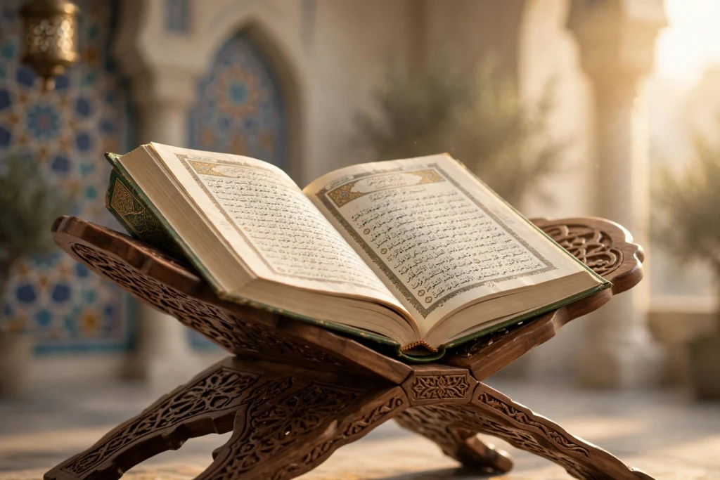 Open Quran on a rehal glowing in golden light — Tajweed and Hifz ul Quran courses at Noor Academy Pakistan