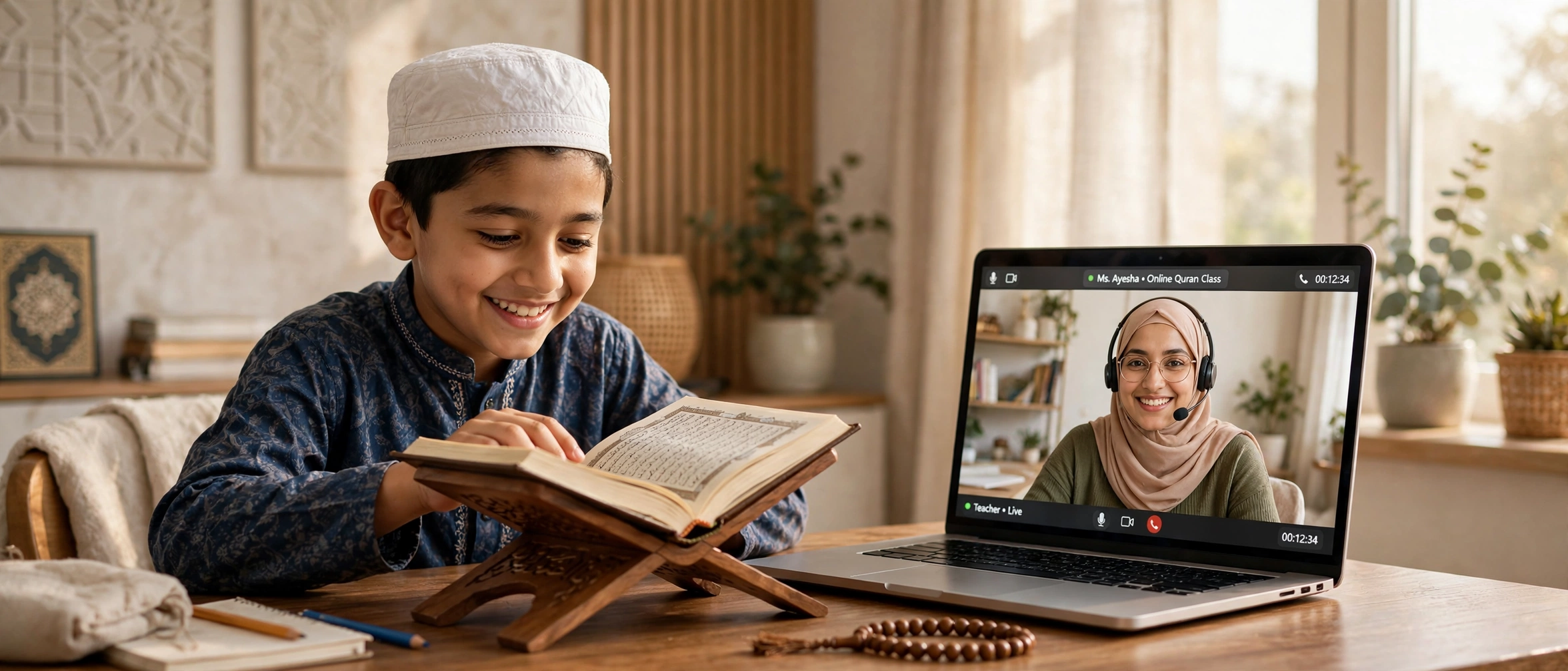 Young boy reading the Quran beside a laptop during an online Quran class with his teacher on a video call