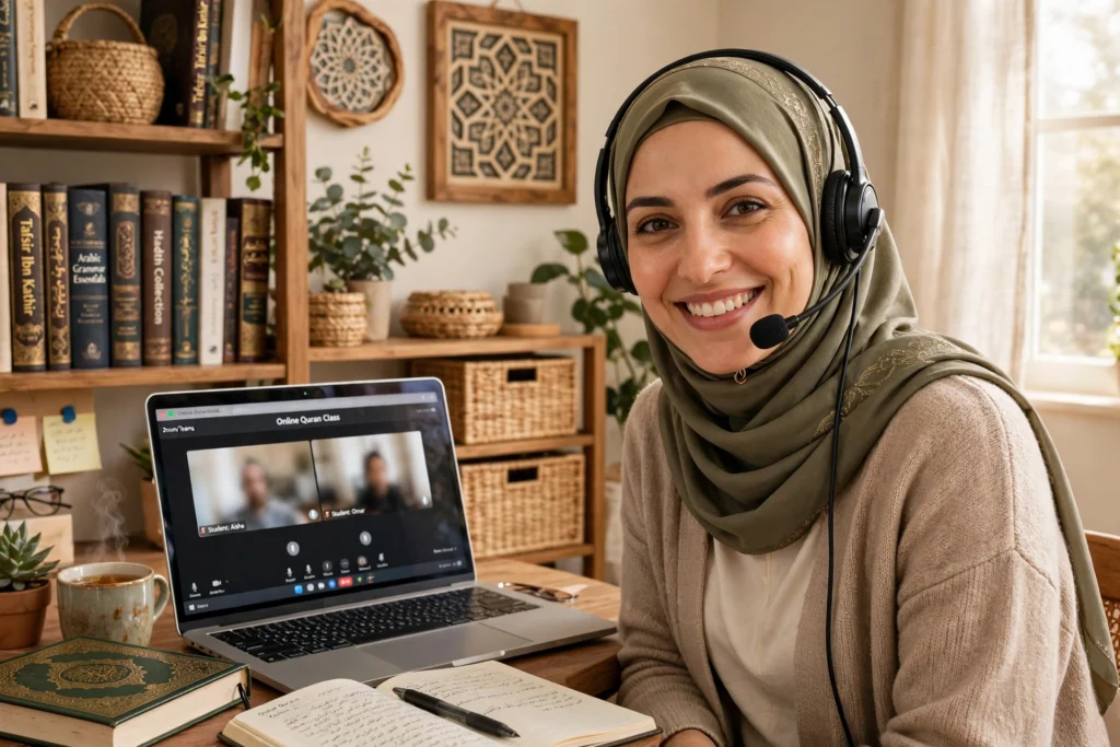 Smiling female online Quran teacher wearing hijab teaching on a laptop — Noor Academy Pakistan
