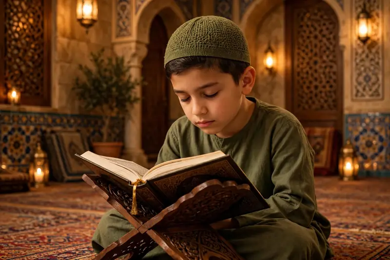 Open Quran on a rehal glowing in golden light, Hifz ul Quran course