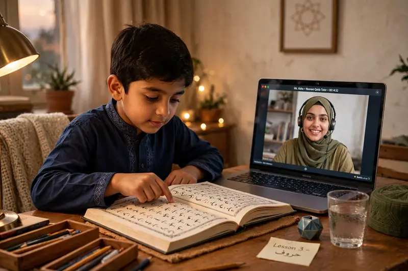 Child's hands on an Arabic alphabet Noorani Qaida learning book