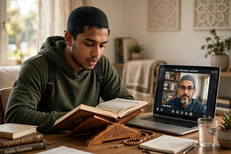 Open Quran on a rehal glowing in golden light
